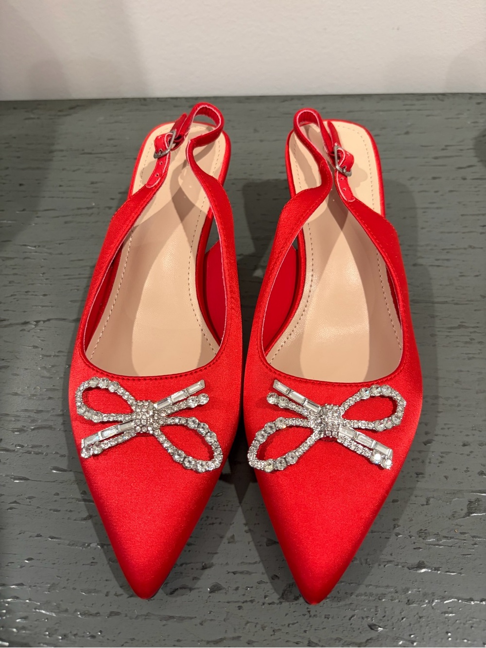 SHEIN Red Satin Pointed Slingback Heels with Crystal Bow Accent